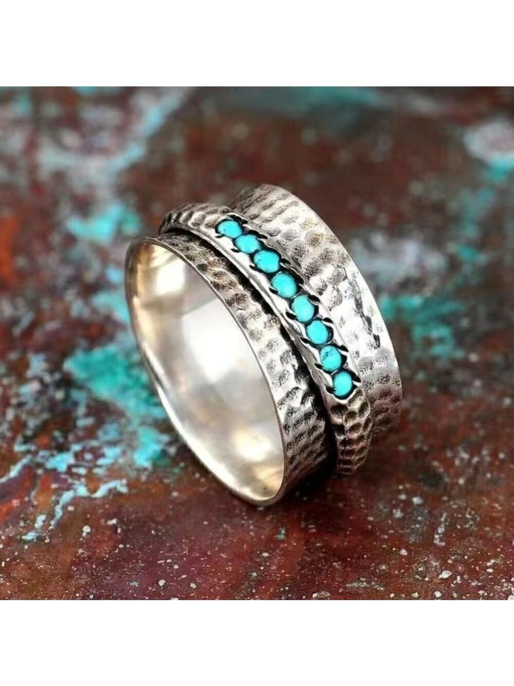 Boho Style Wide Ring Hammered Inlaid Turquoise Rotatable Design For Releasing - Picture 3 of 8